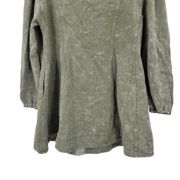 Army Green Washed Denim Button Front Mini Dress Sz S Puff Military Gorpcore - Picture 14 of 15